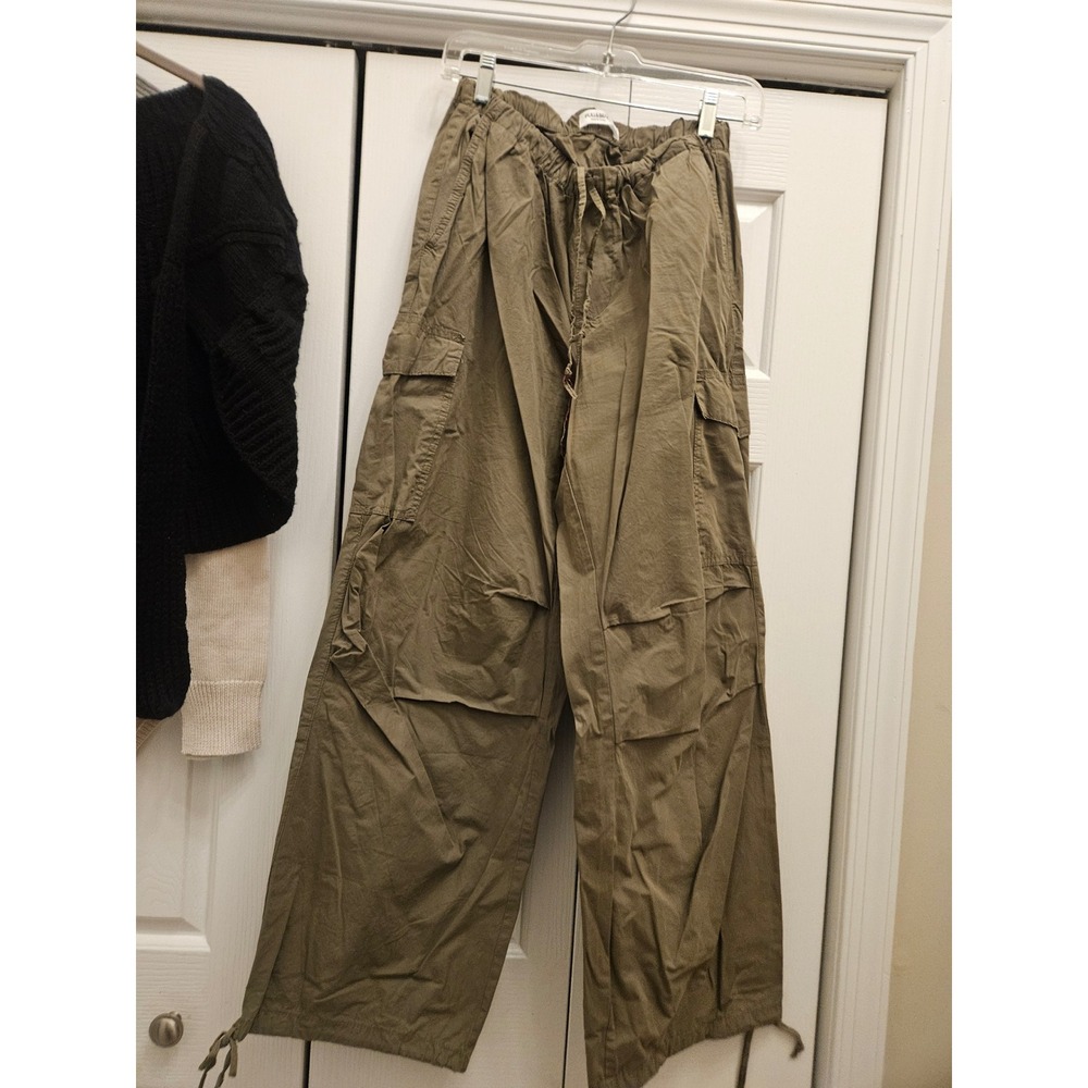 Pull&Bear Womens Olive Green Wide Leg Cargo Pants Elastic Waist Size Medium